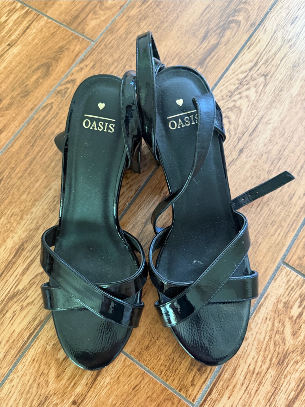 Oasis Black Patent Crisscross Strap Heeled Sandals